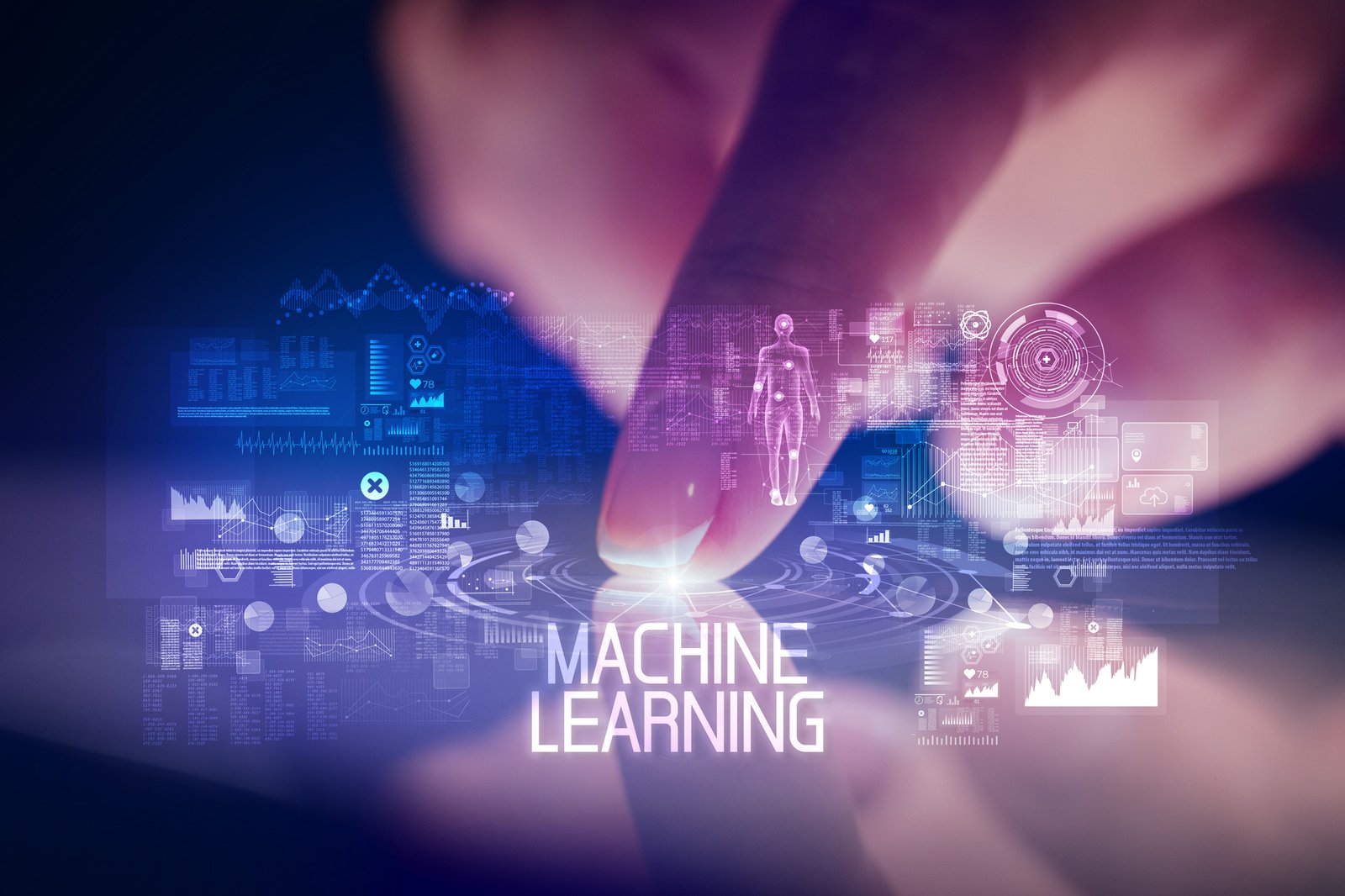 Finger touching tablet with web technology icons concept Machine Learning