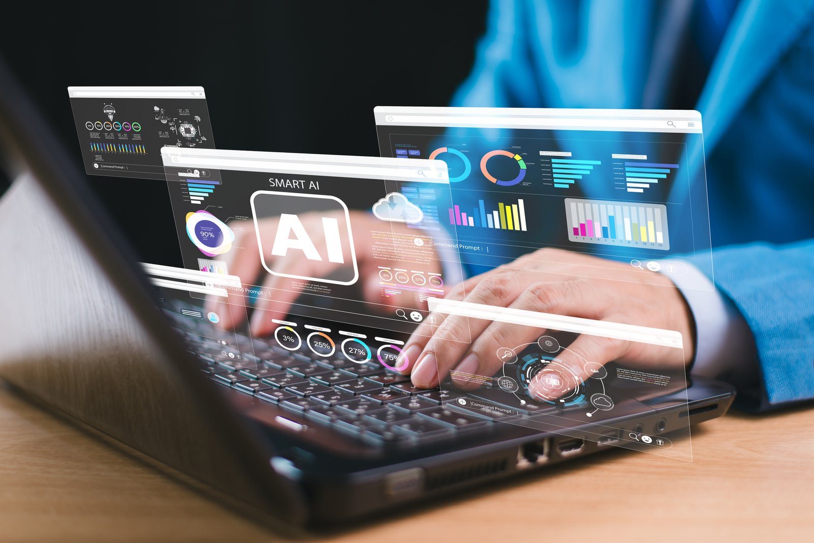 AI, artificial intelligence generate or analytics software computer website. Businessman use expert technology AI help business. Chat bot, Chat AI analysis CRM code. Big data tech tool background ia marketing